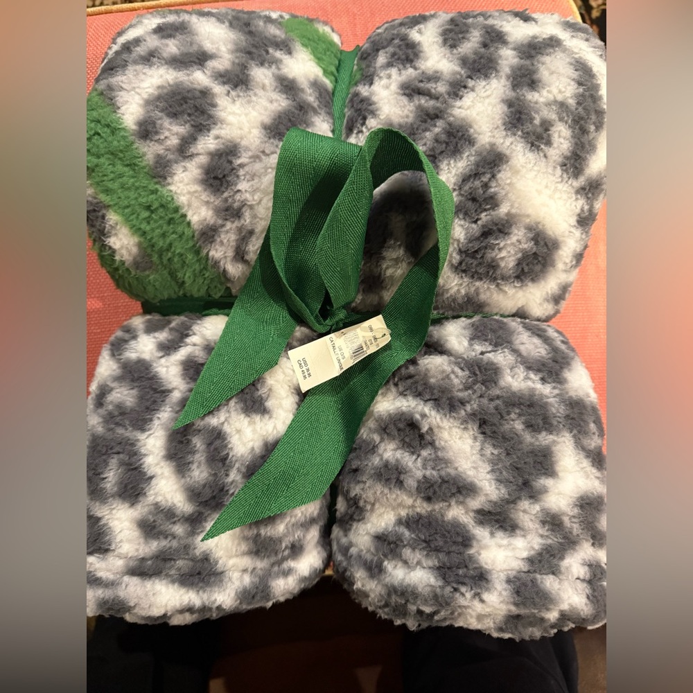 Aerie Leopard Gray and Green Plush Throw Blanket 50”x 60”